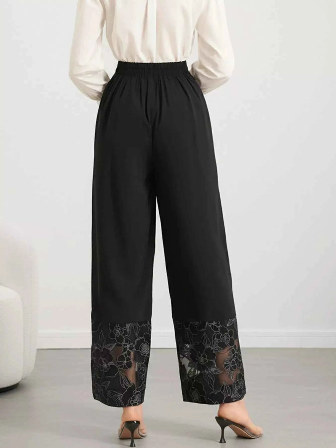 Sarah Express Women's Floral Lace Hem Wide Leg Pants