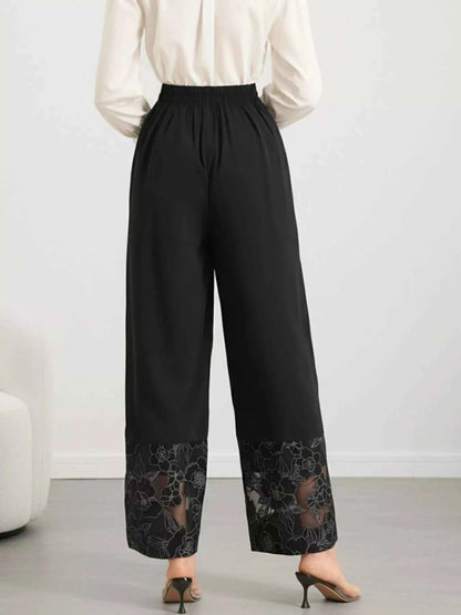 Sarah Express Women's Floral Lace Hem Wide Leg Pants