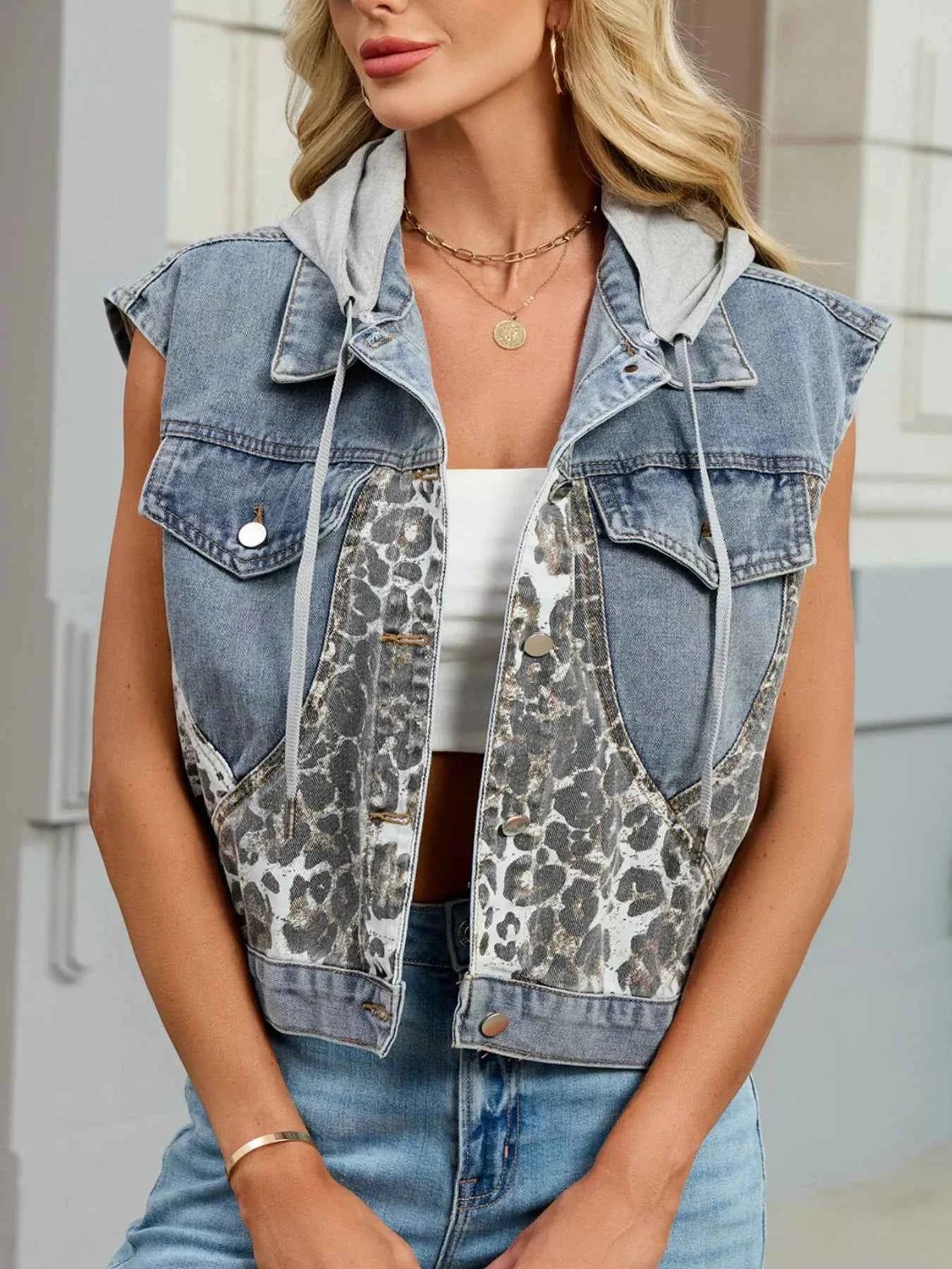 Leopard Button Up Hooded Denim Vest