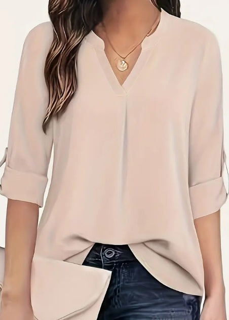 Sarah Express Solid V-Neck Blouse Long Sleeve Relaxed Fit Casual Top