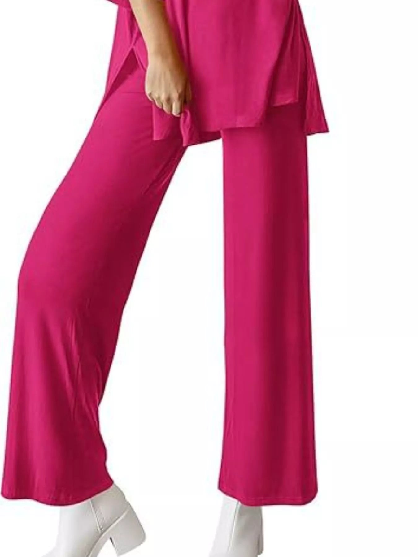 Sarah Express Women's Two Piece Slit Round Neck Top and Pants Set - Casual Loungewear Outfit