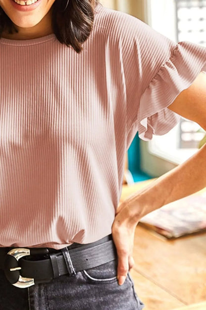 Sarah Express Women's Solid Color Ribbed Ruffled Short Sleeve T-Shirt