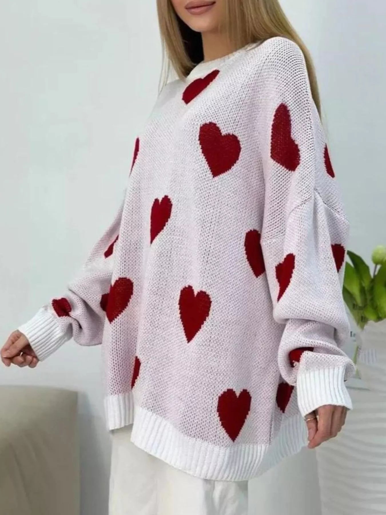 Sarah Express Women's Heart Round Neck Oversized Knit Sweater