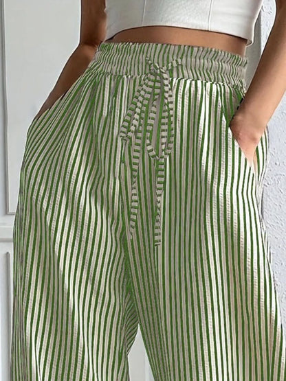 Sarah Express Women's Striped High-Waisted Wide Leg Pants
