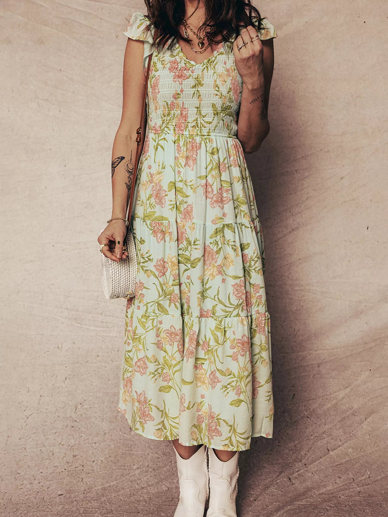 Sarah Express Women's Smocked Bodice Tiered Floral Maxi Dress - Ruffled Sleeveless Summer Dress