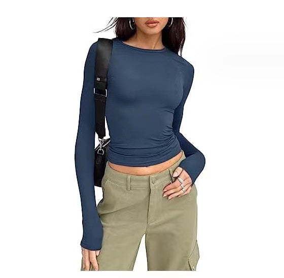 Sarah Express Women's Long Sleeve Pullover Top Round Neck Casual Solid Color Shirt