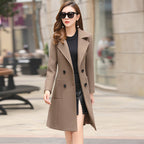 Sarah Express Women's Vintage Windbreaker Knee Length Tweed Coat Double Breasted Long Sleeve