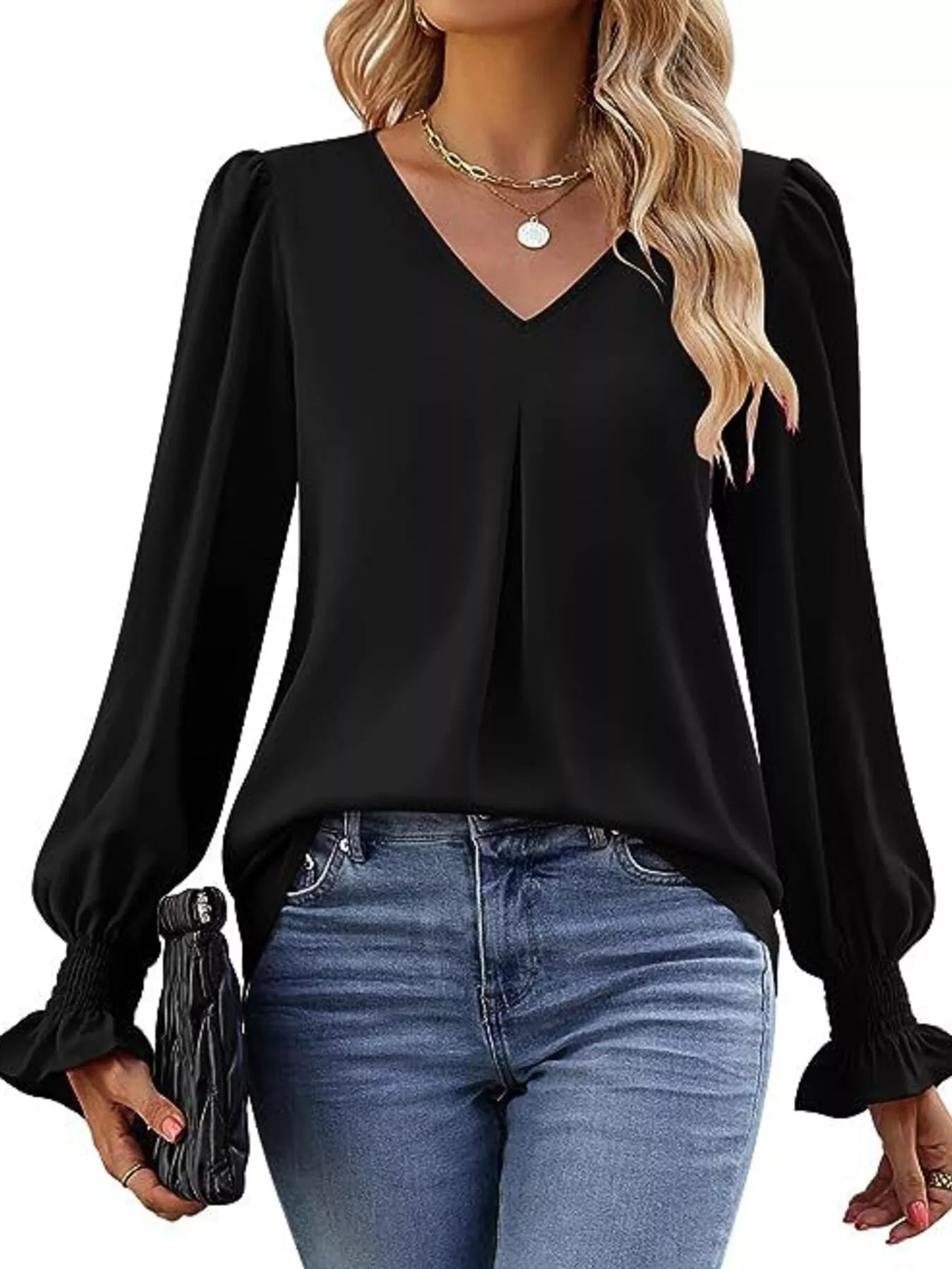 Sarah Express Women's V-Neck Long Sleeve Ruffle Cuff Blouse