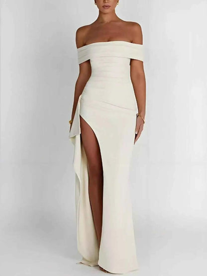 Sarah Express Women's Off-Shoulder High Slit Maxi Dress - Ruched Bodycon Evening Gown White