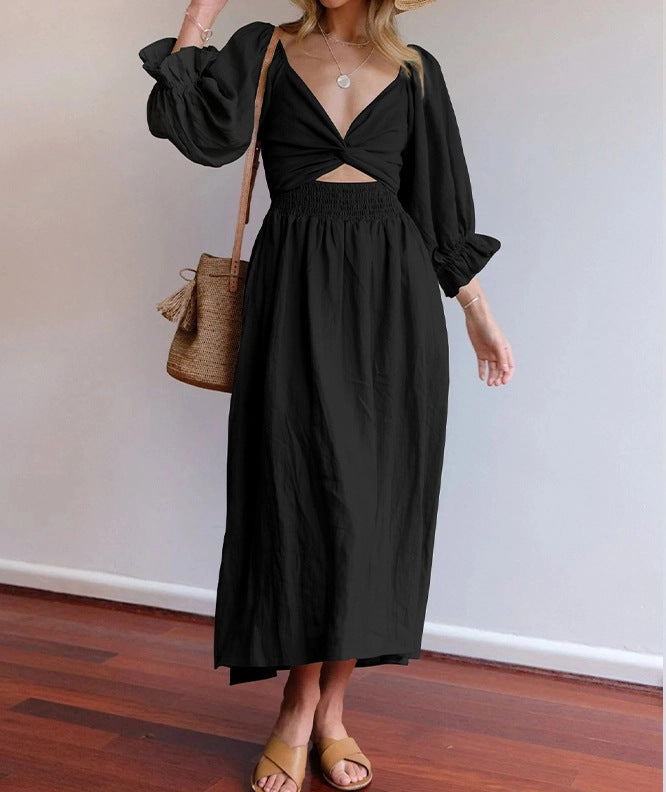 Sarah Express Women's Reversible V-Neck Dress Lantern Sleeve Mid-Length Polyester
