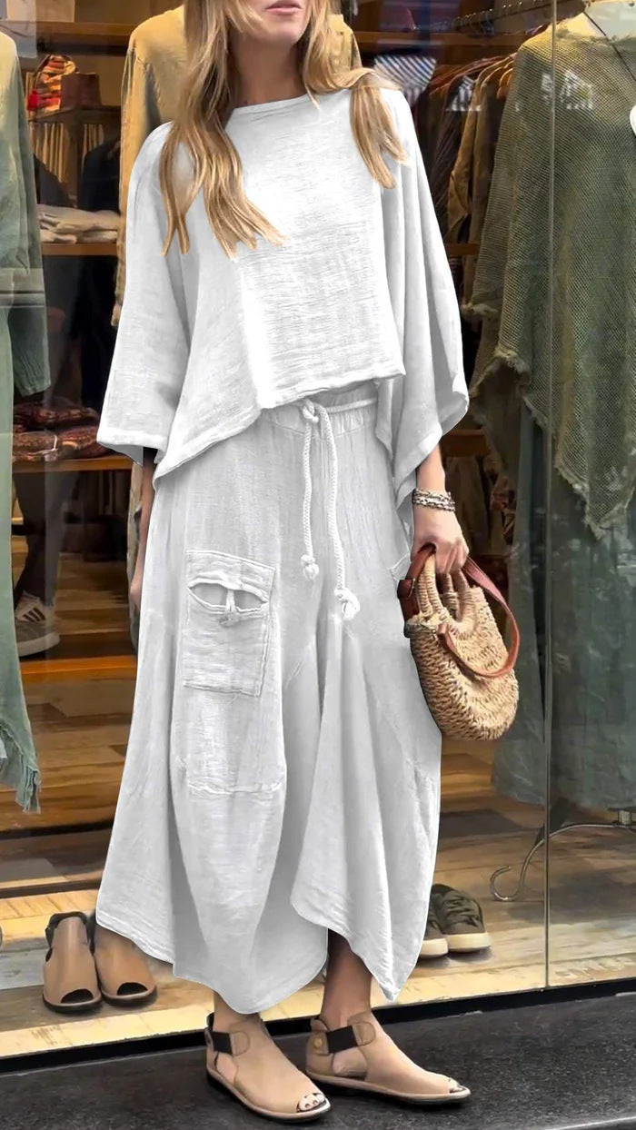 Sarah Express Women's Casual Solid Two Piece Set Loose Top Pants Outfit
