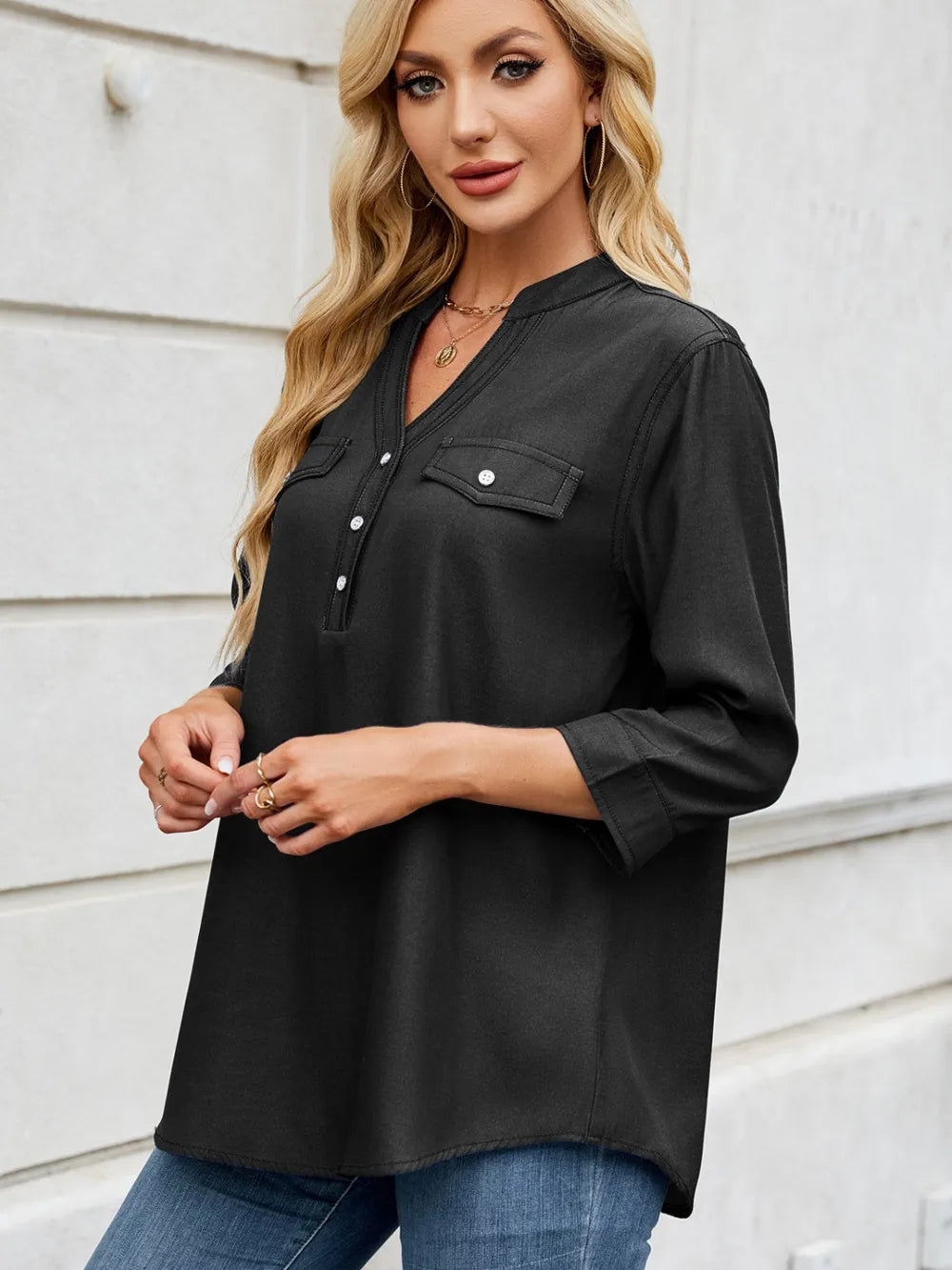 Sarah Express Women's Notched Three-Quarter Sleeve Denim Top