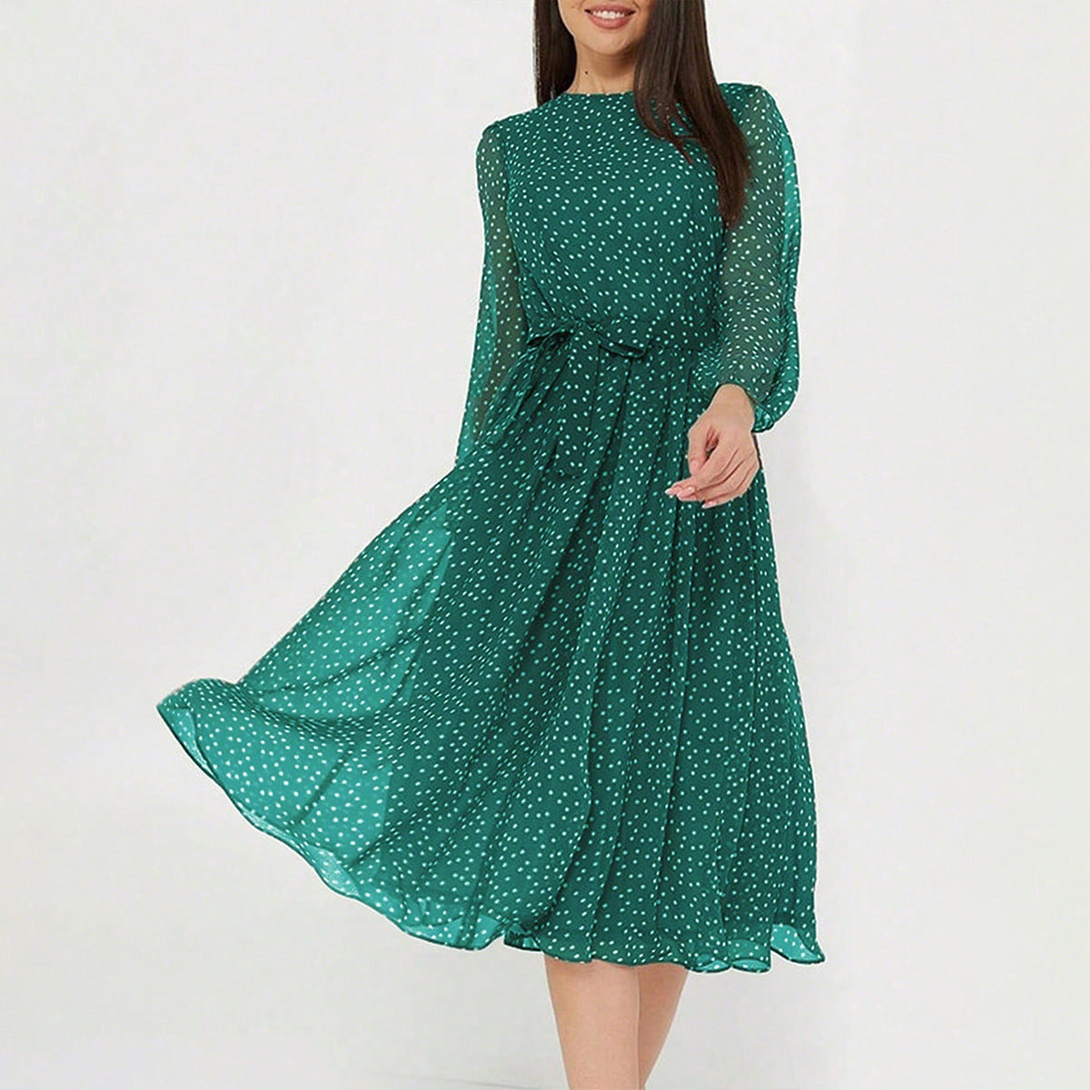 Sarah Express Women's Polka Dot Maxi Dress Long Puff Sleeve High Waist A-Line