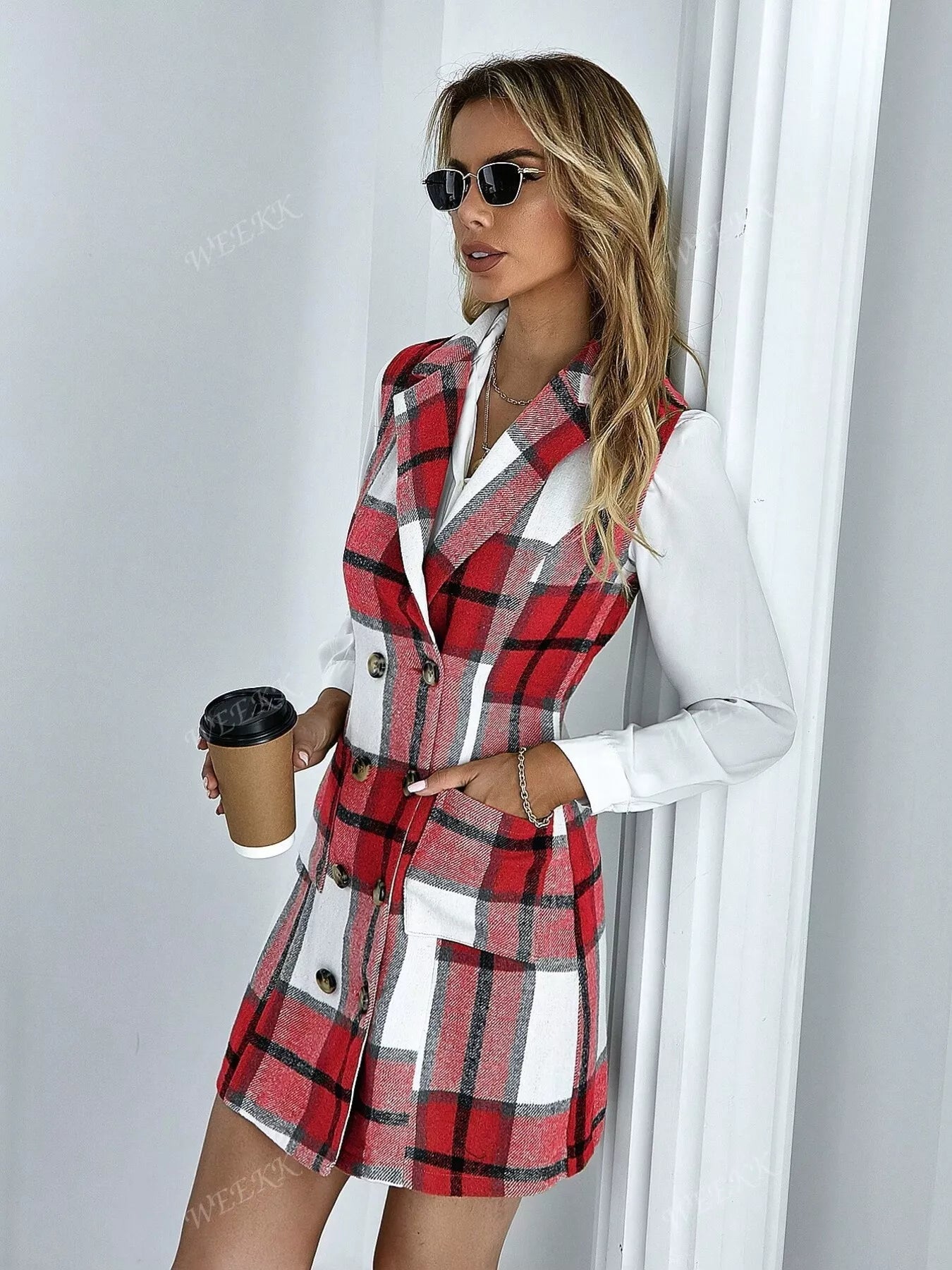 Sarah Express Women's Plaid Double-Breasted Sleeveless Blazer Dress
