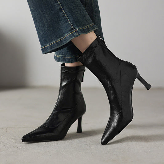 Sarah Express Women's Chunky Heel Ankle Boots – Pointed Toe Back Zipper | Black & Brown