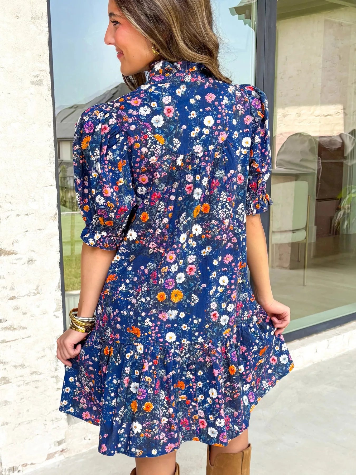 Sarah Express Women's Floral Print Ruffle Hem Mini Dress Short Sleeve Cotton Blend Summer Dress