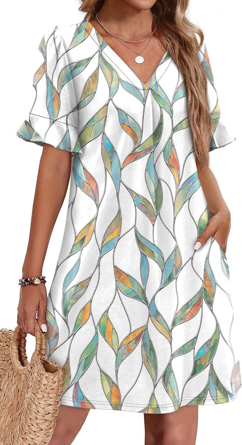 Sarah Express Women's V-Neck Ruffled A-Line Dress with Pockets Vacation Casual Short Sleeve