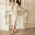 European And American-style Off-neck Lace Bell Sleeve Wooden Ear Slim-fit Long Dress