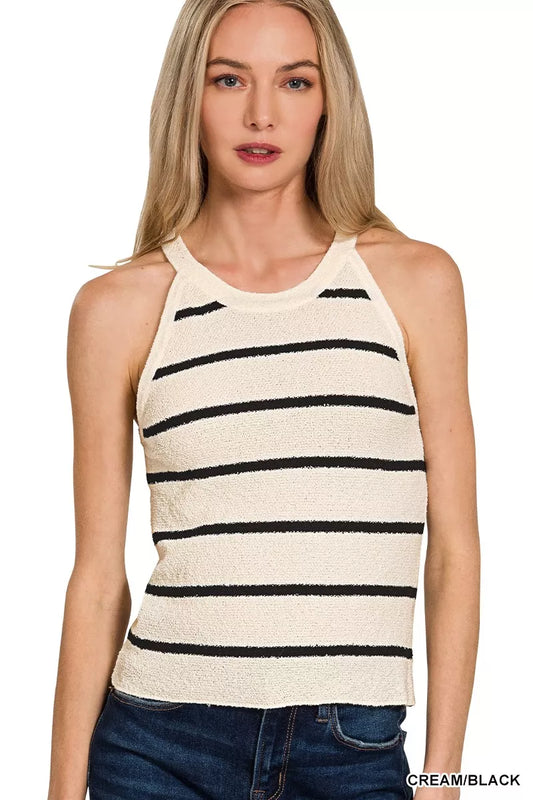 Sarah Express Women's Stripe Sweater Tank Top CREAM BLACK