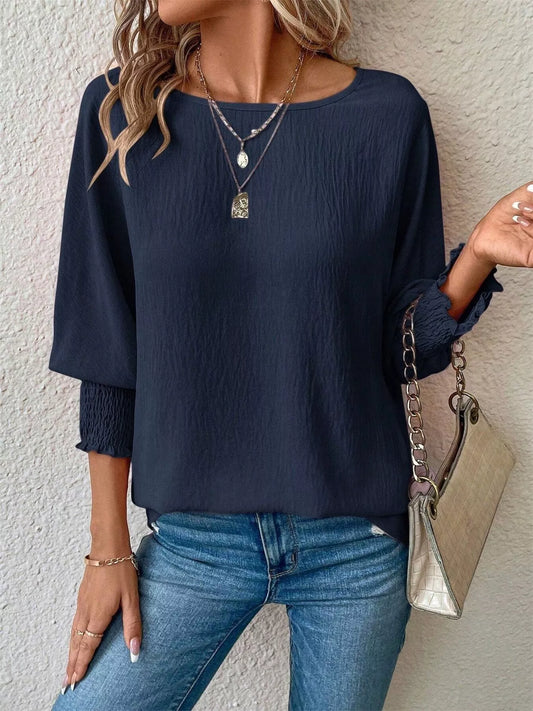 Sarah Express Women's Textured Smocked Cuff Blouse - Long Sleeve Elegant Top