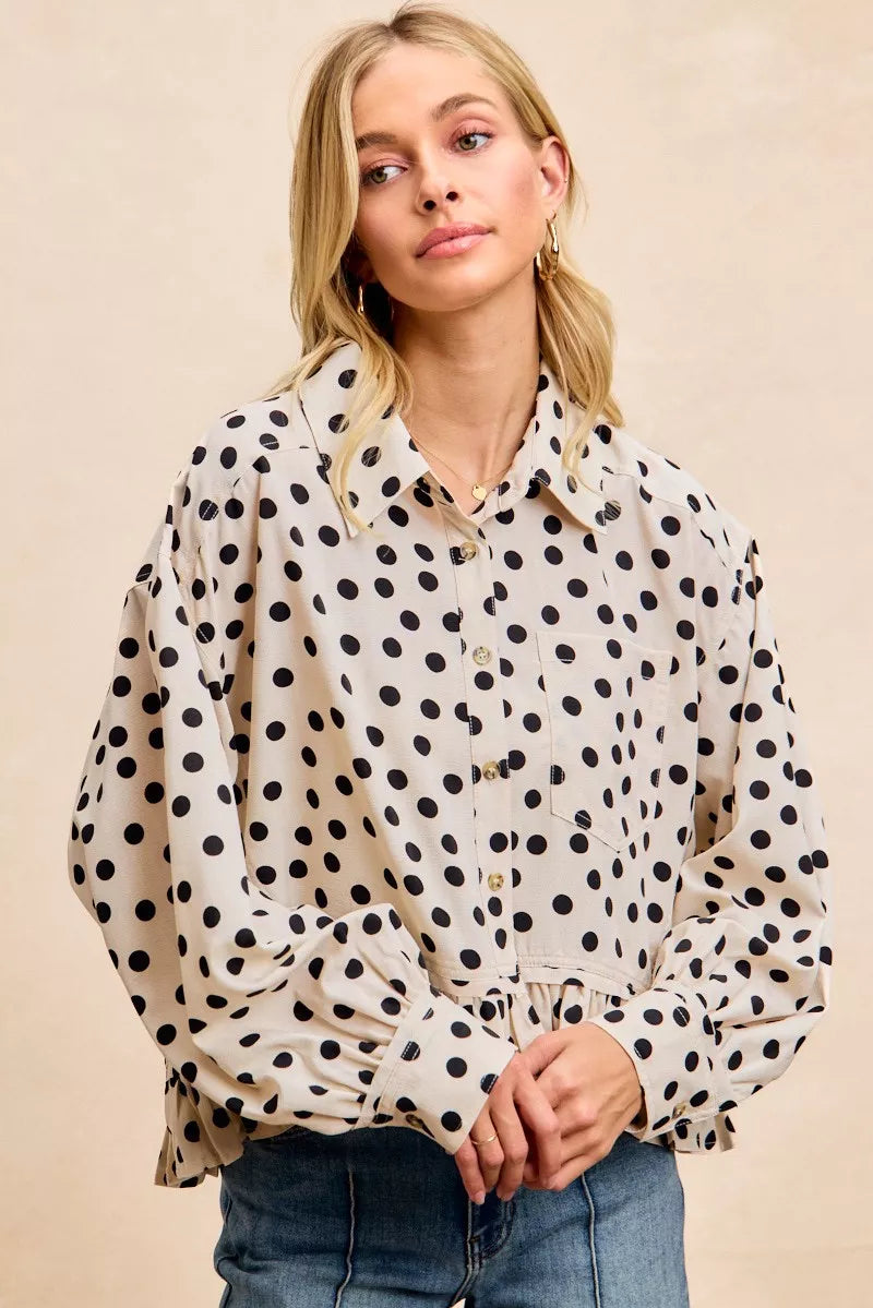 Sarah Express Women's Crinkle Polka Dot Ruffled Hem Button Up Shirt Top CREAM BLACK