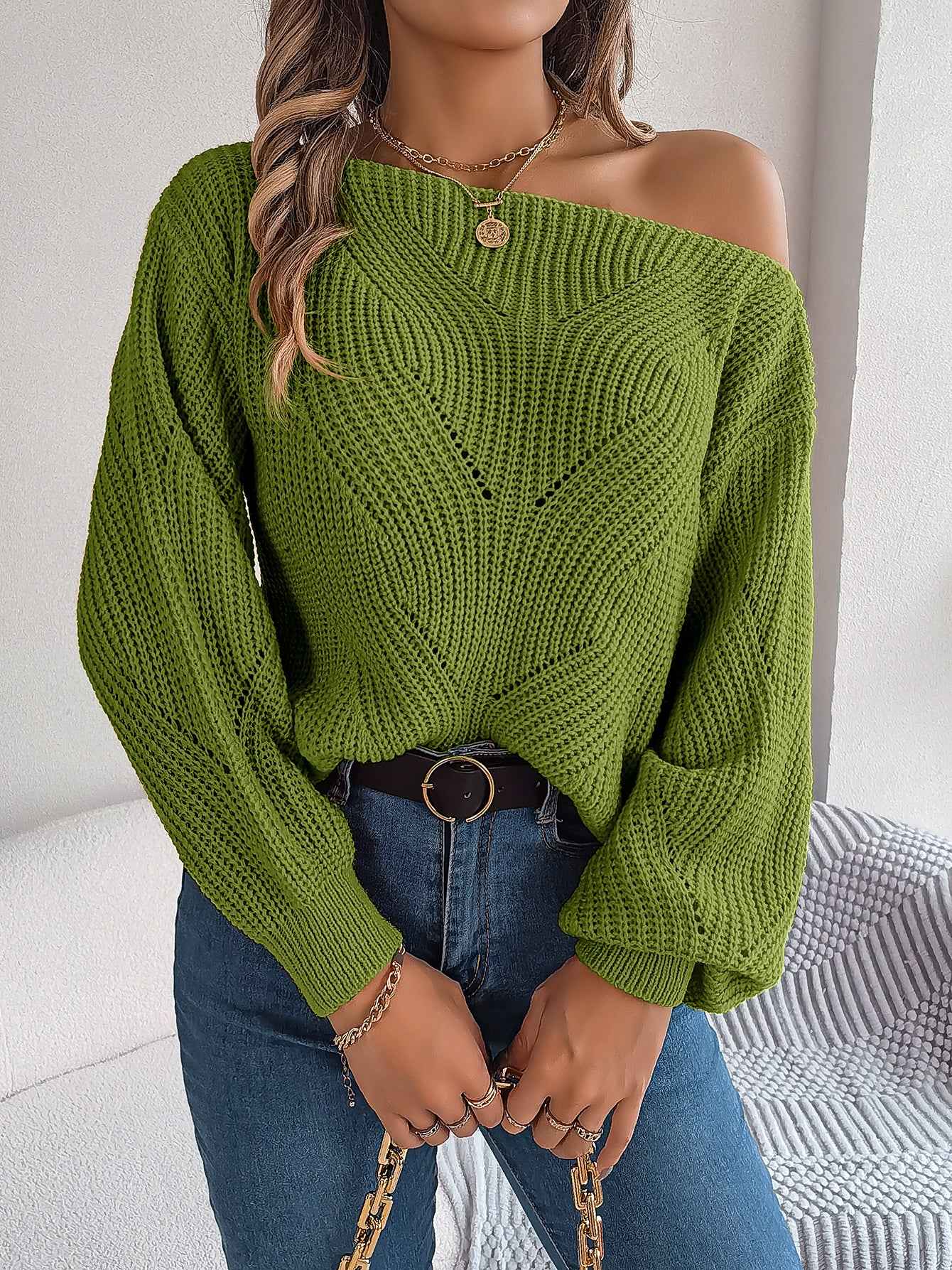 Sarah Express Women's Off-Shoulder Hollow Out Lantern Sleeve Sweater Green