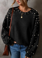 Sarah Express Women's Pearl Detail Round Neck Sweater Long Sleeve Elegant Fall Winter Casual Work