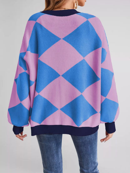 Sarah Express Women's Diamond Pattern Button-Up Knit Cardigan