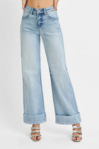 Sarah Express Women’s Plus Size Tummy Control High Rise Ankle Jeans with Wide Cuff
