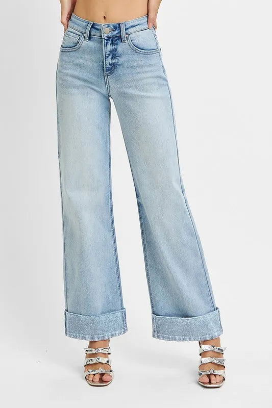 Sarah Express Women’s Plus Size Tummy Control High Rise Ankle Jeans with Wide Cuff
