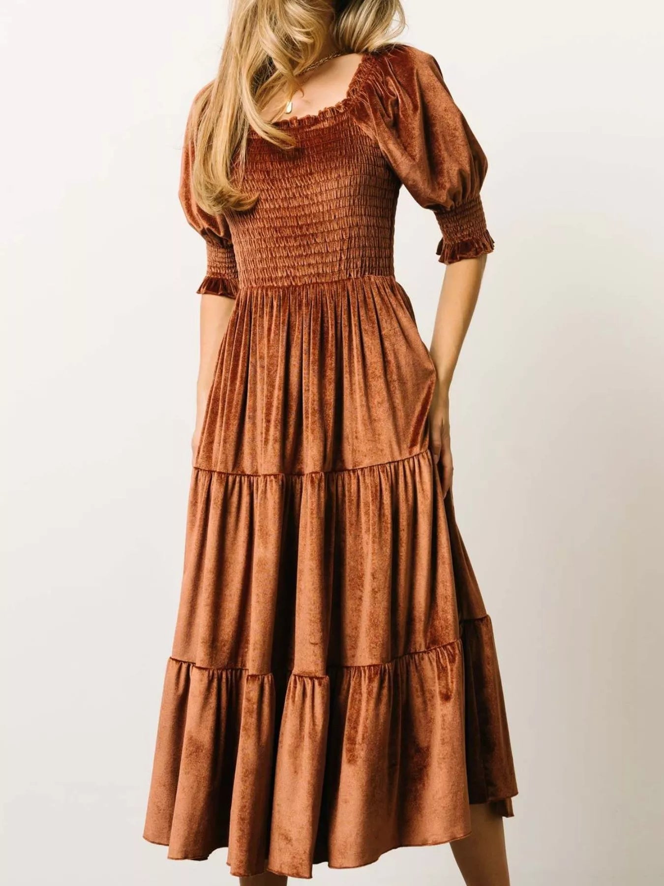 Sarah Express Women's Velvet Smocked Tiered Midi Dress