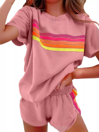 Sarah Express Women's Rainbow Striped Two Piece Set - Round Neck Top & Shorts Lounge Set Pink Suit