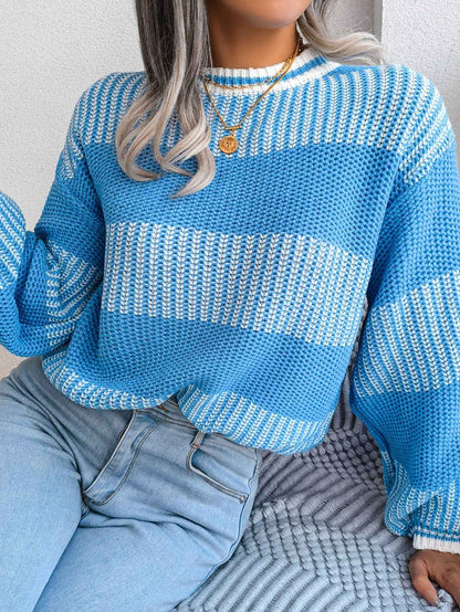 Sarah Express Women's Color Block Striped Knit Sweater - Long Sleeve Casual Pullover
