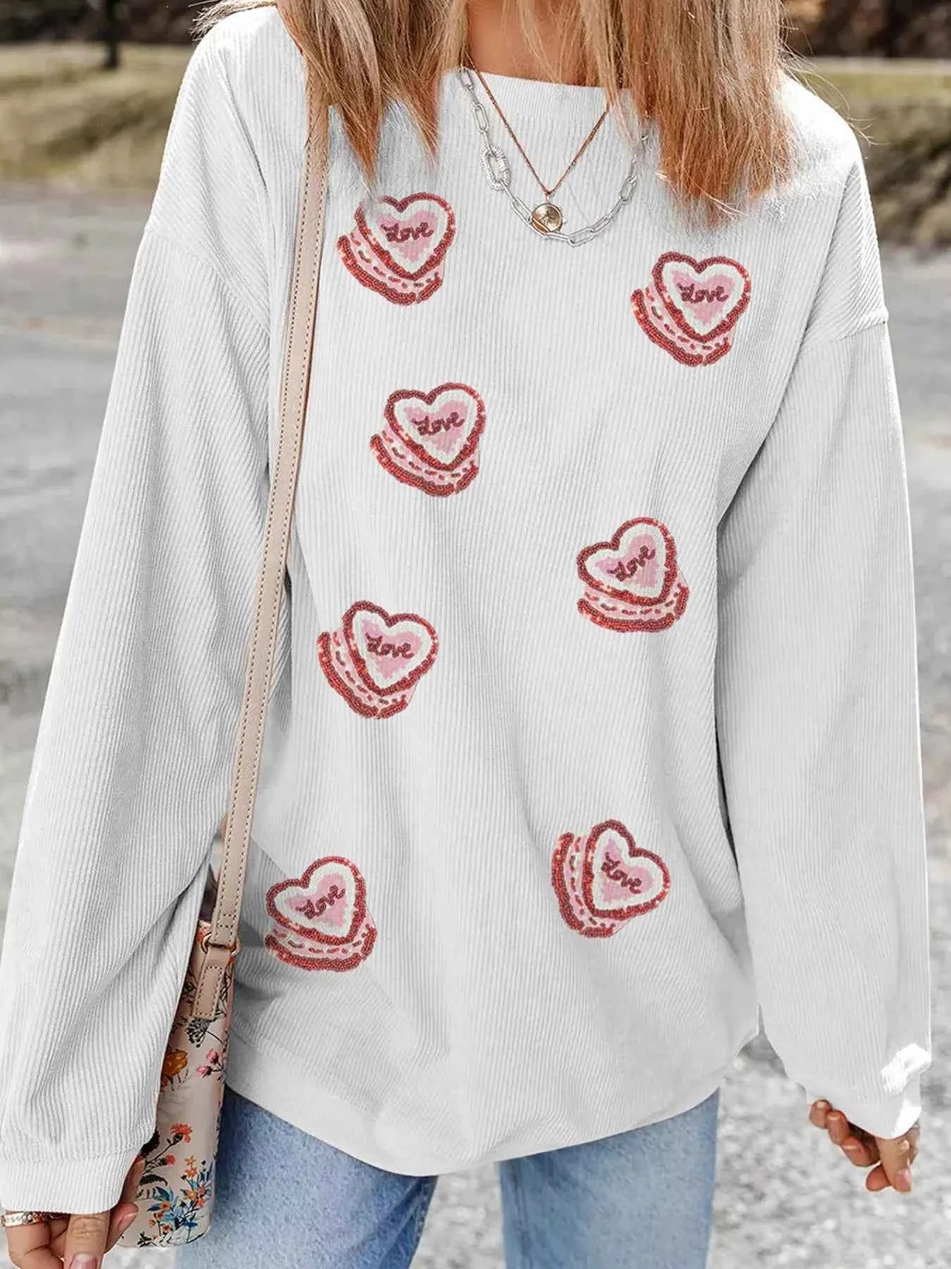Sarah Express Women's Sequin Love Heart Sweatshirt - Valentine's Day Corded Pullover White