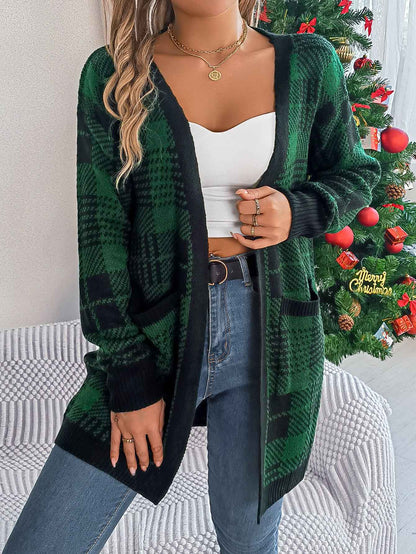 Sarah Express Women's Color Block Plaid Cardigan Sweater with Pockets - Long Sleeve Street Style Coat