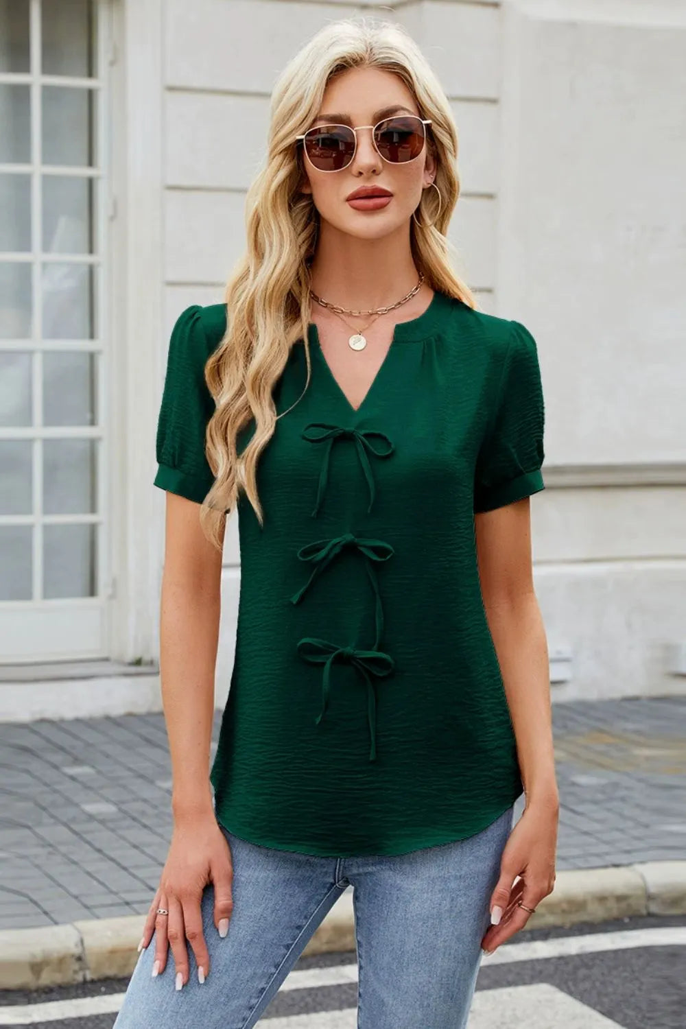 Sarah Express Women's Notched Short Sleeve Blouse with Bow Detail Dark Green