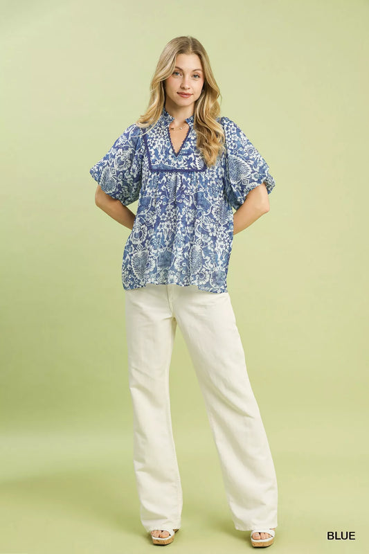 Sarah Express Women's Abstract Print Ruffled Puff Sleeve Top