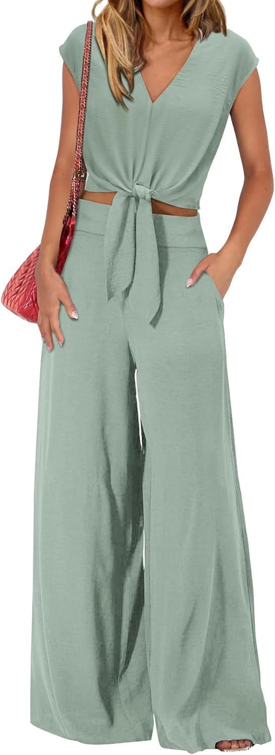Sarah Express High Waist Wide Leg Pants Suit Two Piece Sleeveless Set