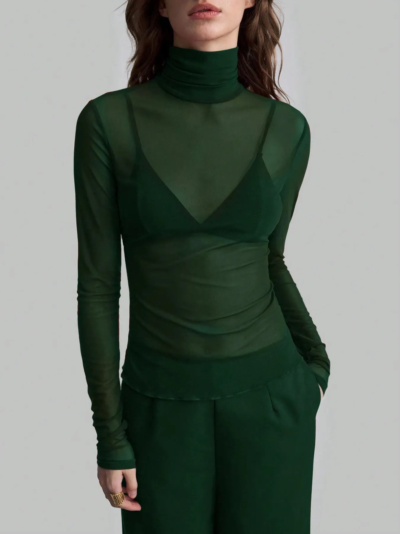 Sarah Express Women's Sheer Turtleneck Long Sleeve Top Dark Green