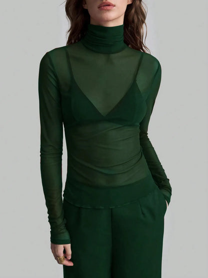 Sarah Express Women's Sheer Turtleneck Long Sleeve Top Dark Green