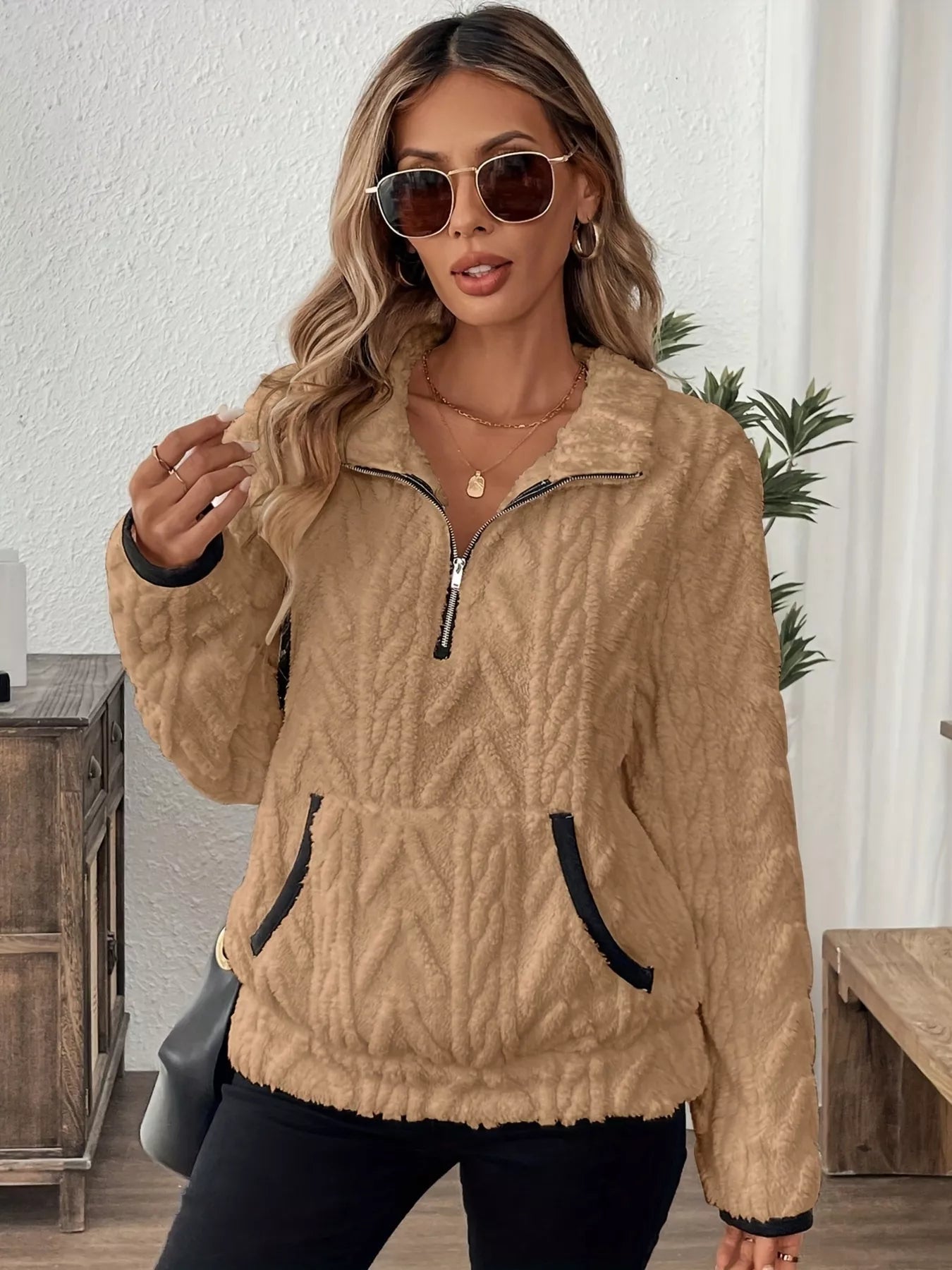 Sarah Express Women's Cozy Sherpa Half Zip Sweatshirt with Pockets