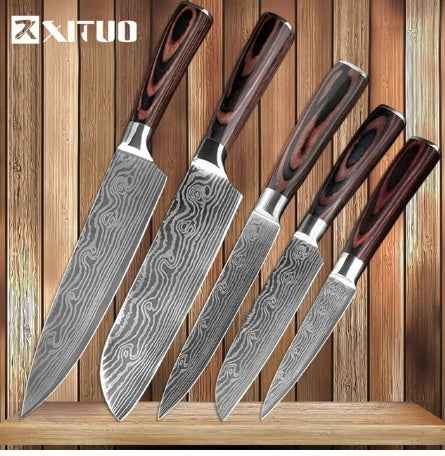 Sarah Express Professional Damascus Chef Knife Set - 7CR17 Stainless Steel Kitchen Knives 5pcs value set