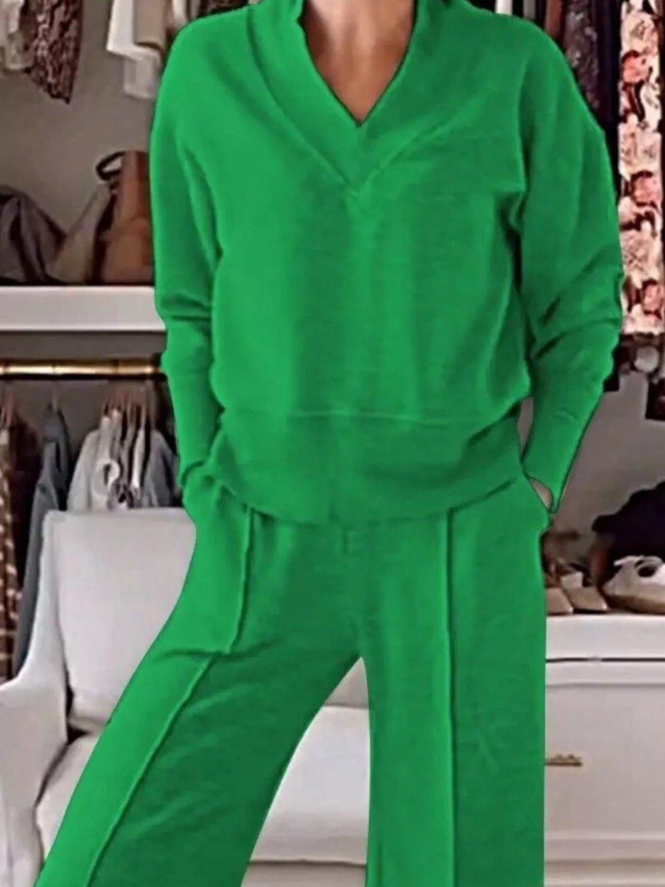 Sarah Express Women's Cozy V-Neck Top and Pants Lounge Set