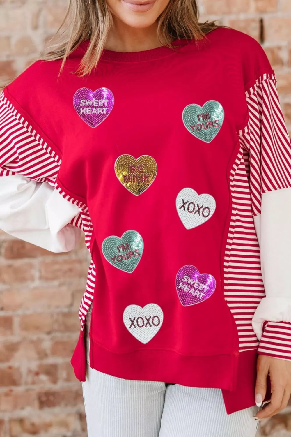 Sarah Express Women's Valentines Day Sequin Heart Striped Color Block Patchwork Sweatshirt