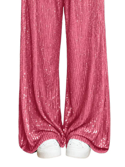 Sarah Express Women's Sequin Wide Leg Pants - High Waist Sparkle Palazzo Trousers Fuchsia Pink