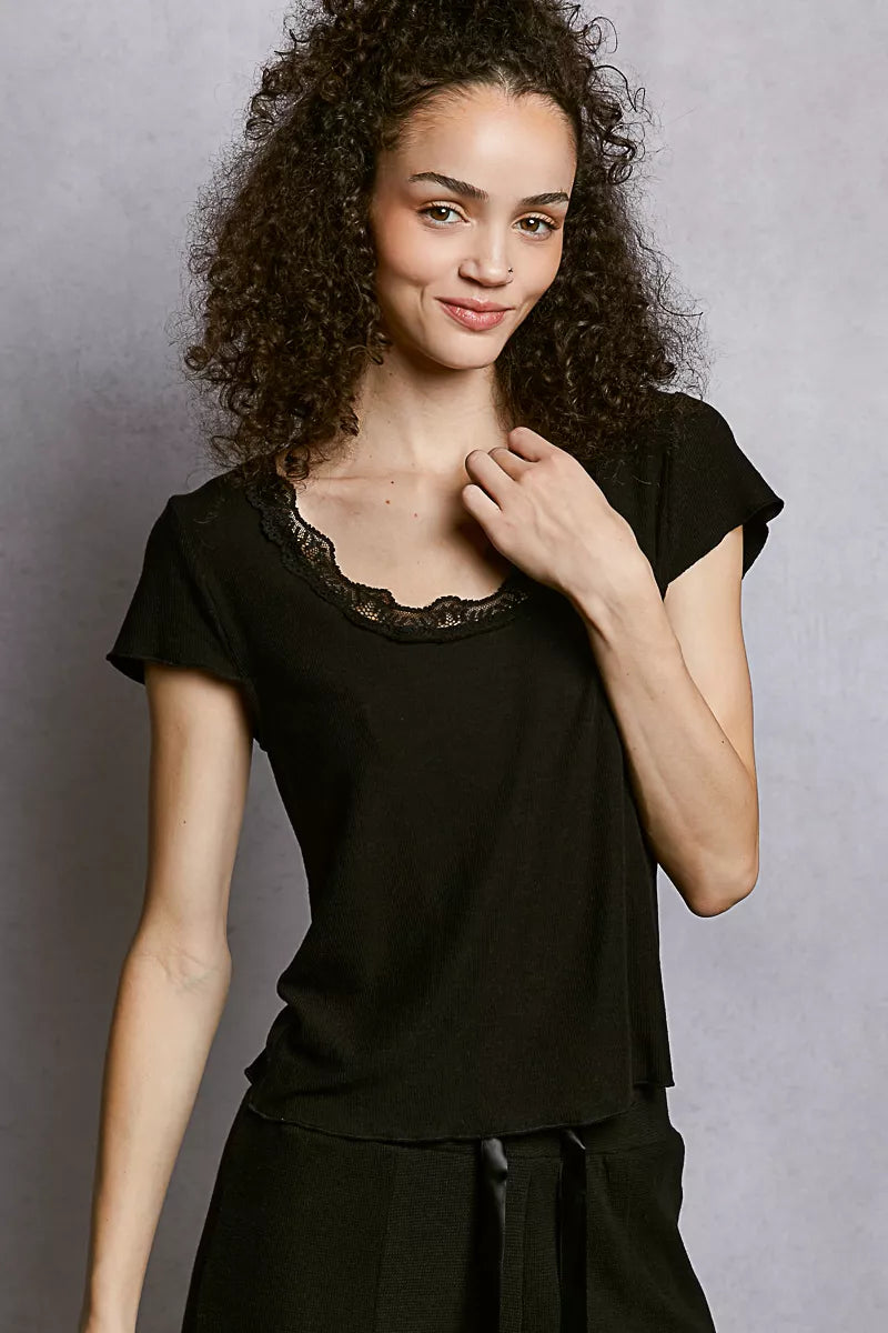 Sarah Express Women's Round Neck Short Sleeve Crop T-Shirt with Lace Trim