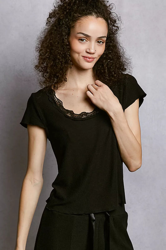 Sarah Express Women's Round Neck Short Sleeve Crop T-Shirt with Lace Trim