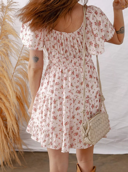 Sarah Express Women's Front Tie Shirred Waist Short Sleeve Ruffled Floral Mini Dress