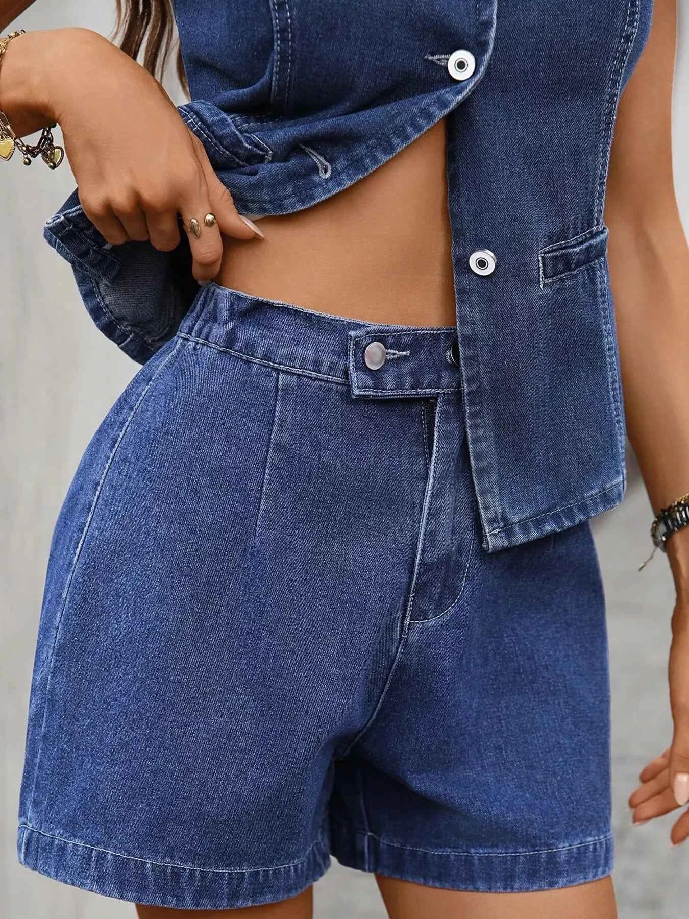 Sarah Express Women's Sleeveless Button-Down Denim Vest & Shorts Two-Piece Set