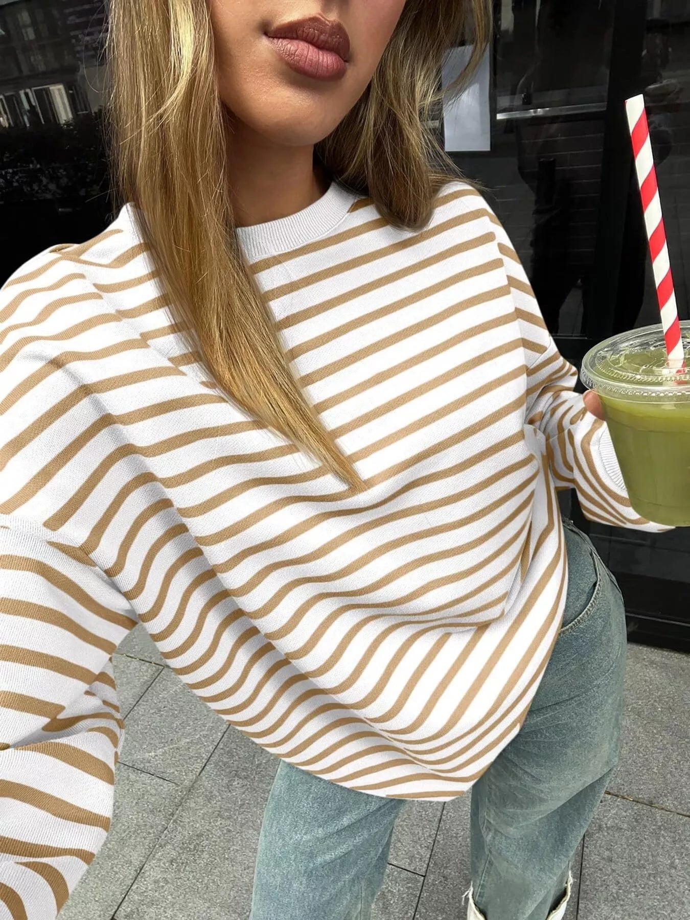 Sarah Express Women's Striped Round Neck Oversized Casual Sweatshirt